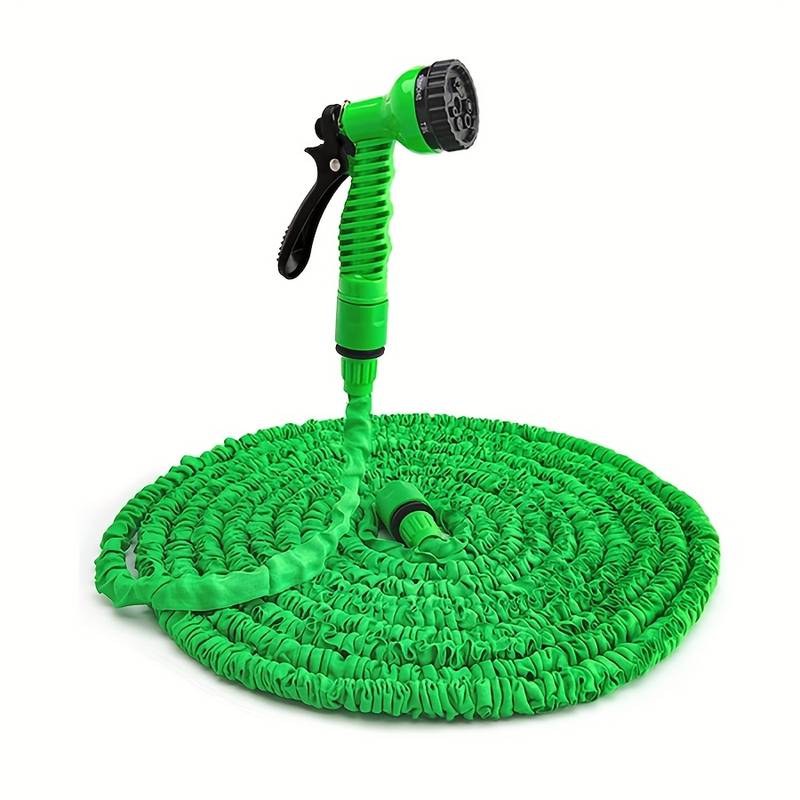 Zielony rozciągliwy wąż ogrodowy z 7-funkcyjną dyszą, odporny na zaginanie, idealny do ogrodu.