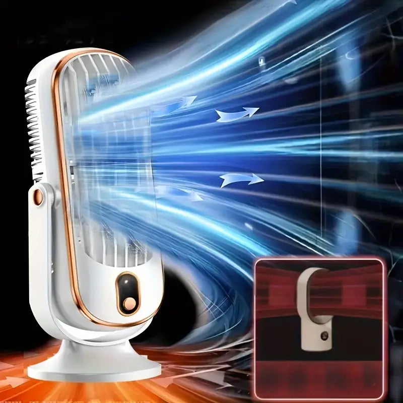 Przenośny kompaktowy wentylator klimatyzator z podwójnym silnikiem i ładowaniem USB, elegancki biały design, idealny w podróży.