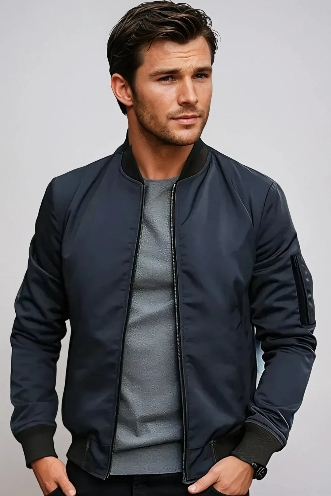 "Veste bomber élégante et chaude, doublure isolée, style polyvalent et urbain, tailles variées, ourlet côtelé."