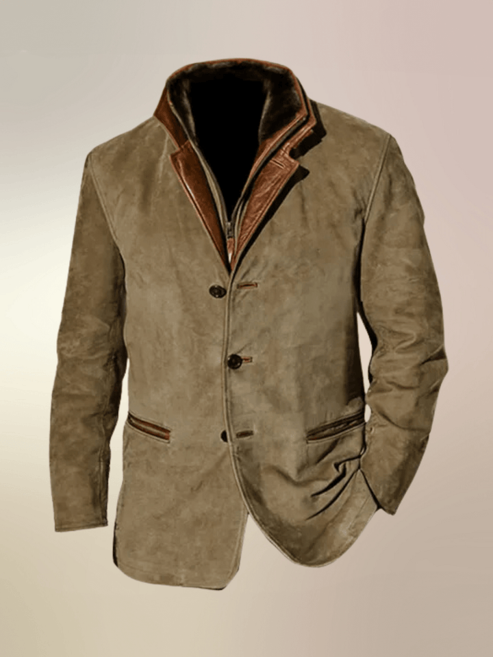 Męska kurtka vintage ze skóry, stójka, dopasowany krój, elegancki design, kolor brązowy, wyrafinowany wygląd na każdą okazję.