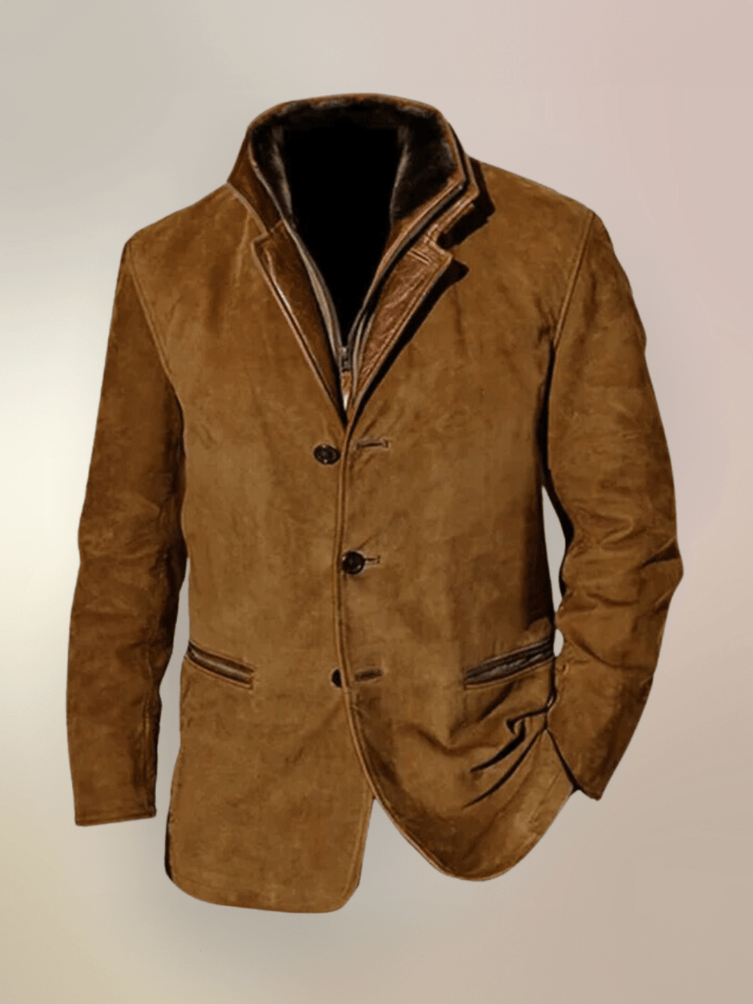 Męska kurtka vintage ze skóry, stójka, dopasowany krój, elegancki design, kolor brązowy, wyrafinowany wygląd na każdą okazję.