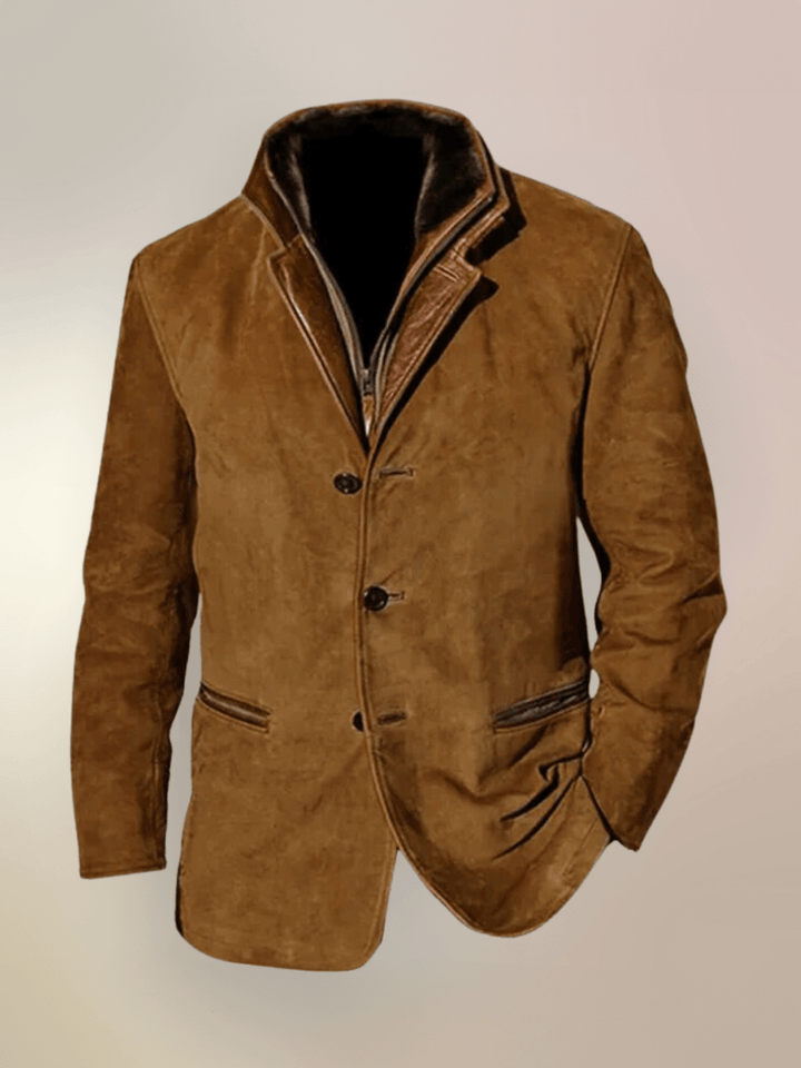 Męska kurtka vintage ze skóry, stójka, dopasowany krój, elegancki design, kolor brązowy, wyrafinowany wygląd na każdą okazję.