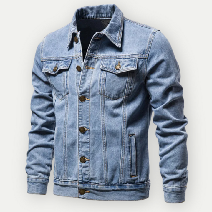 Jeansowa kurtka w jasnym odcieniu denimu, z eleganckim krojem i praktycznymi kieszeniami, tworząca miejski styl.