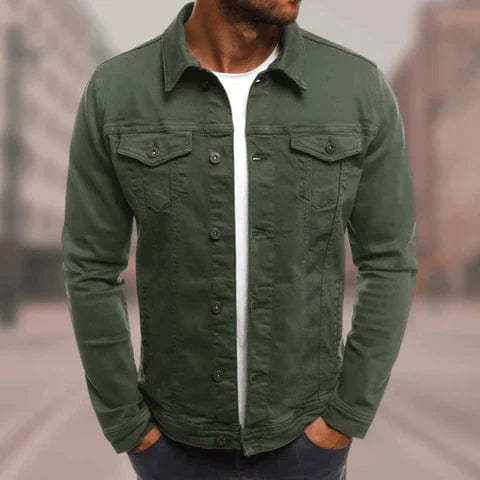 Męska kurtka jeansowa streetwear o miejskim wyglądzie, niebieski denim, kieszenie, kontrastujące szwy, nowoczesna i elegancka
