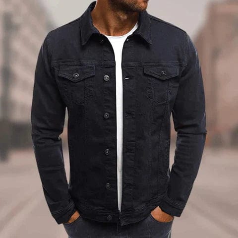 Męska kurtka jeansowa streetwear o miejskim wyglądzie, niebieski denim, kieszenie, kontrastujące szwy, nowoczesna i elegancka
