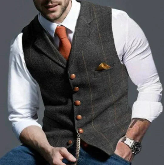 Męska marynarka tweedowa, klasyczny design, teksturowana tkanina, stonowany kolor, elegancki styl, idealna do formalnego i swobodnego wyglądu