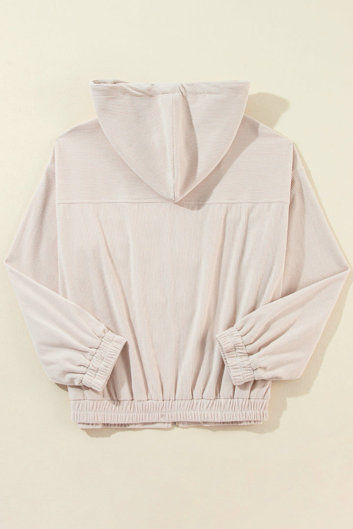 "Veste en velours côtelé beige avec capuche, style décontracté et élégant pour femmes, doux et parfait pour l'automne."
