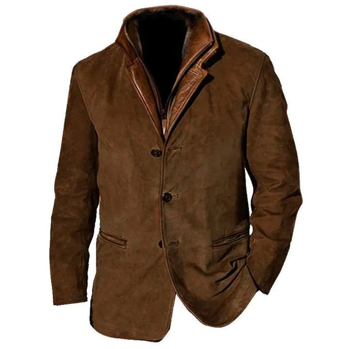 Męska kurtka zamszowa vintage, elegancka w stylu retro, z kołnierzem, kieszeniami, dopasowanym krojem, dostępna w wielu kolorach.