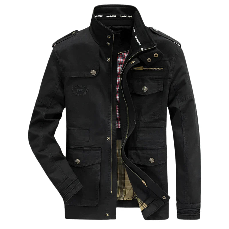 Beżowa męska kurtka wielokieszeniowa, casualowa i funkcjonalna, z zamkiem błyskawicznym i kieszeniami, idealna na półsezon.