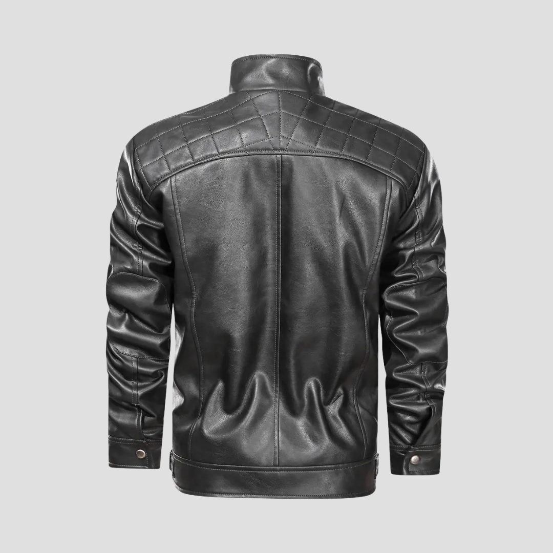 Męska kurtka motocyklowa retro ze sztucznej skóry, czarna, z kołnierzem stójką i kieszeniami na zamek, elegancka i dopasowana.