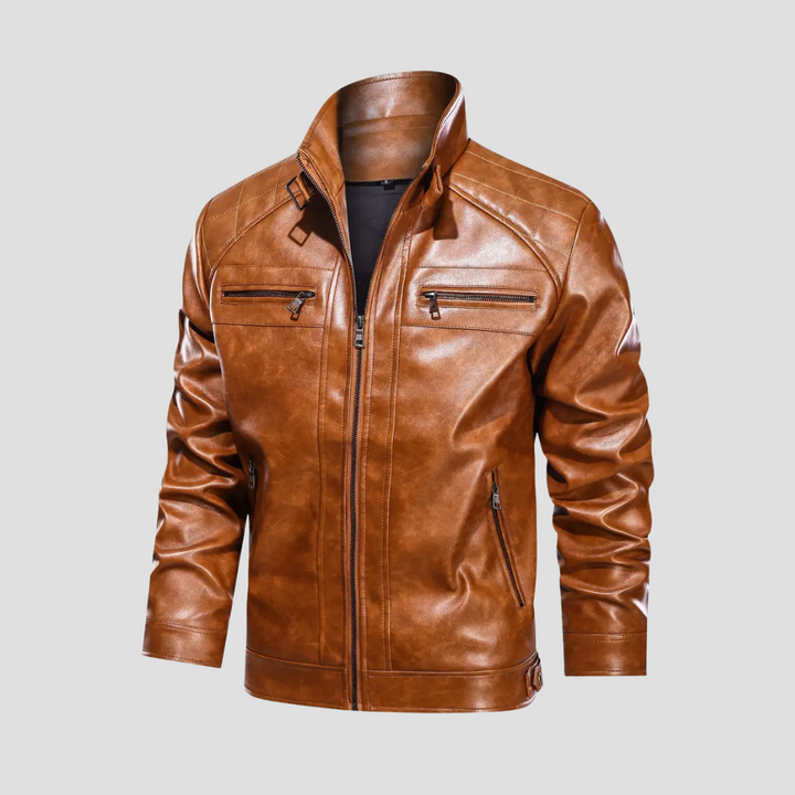 Męska kurtka motocyklowa retro ze sztucznej skóry, czarna, z kołnierzem stójką i kieszeniami na zamek, elegancka i dopasowana.
