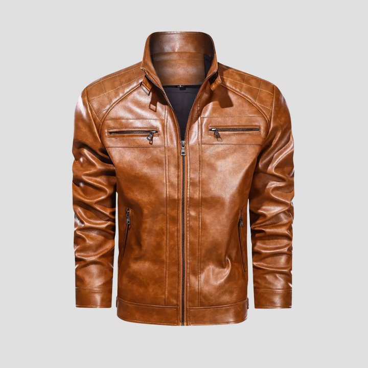 Męska kurtka motocyklowa retro ze sztucznej skóry, czarna, z kołnierzem stójką i kieszeniami na zamek, elegancka i dopasowana.