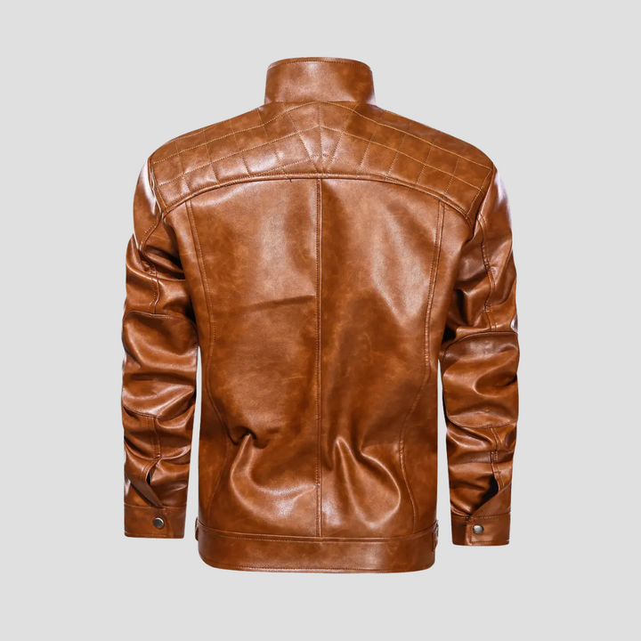 Męska kurtka motocyklowa retro ze sztucznej skóry, czarna, z kołnierzem stójką i kieszeniami na zamek, elegancka i dopasowana.