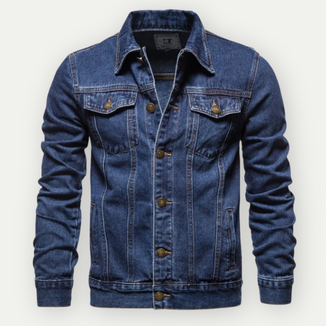 Męska kurtka jeansowa trucker, klasyczny krój, kolory czarny i niebieski, swobodny i elegancki wygląd.