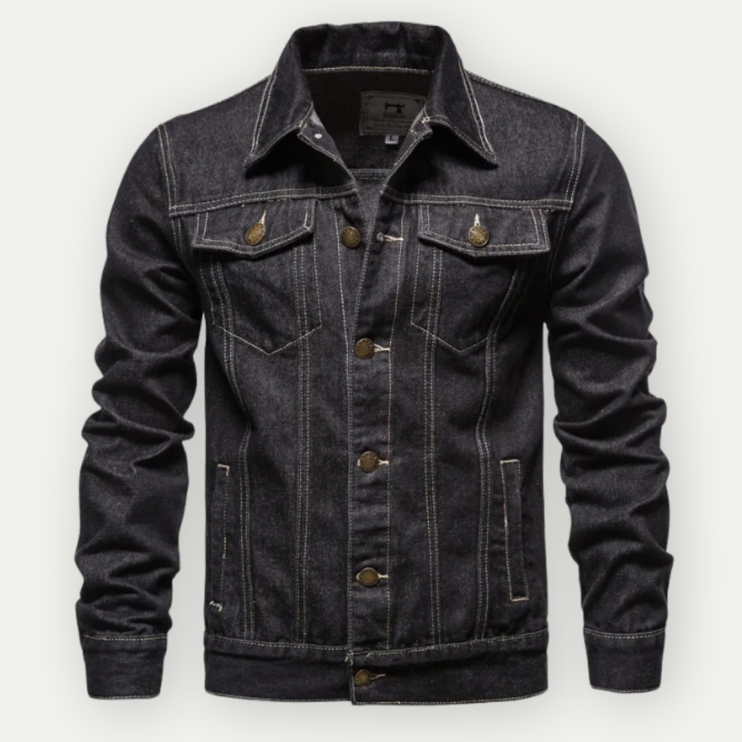 Męska kurtka jeansowa trucker, klasyczny krój, kolory czarny i niebieski, swobodny i elegancki wygląd.