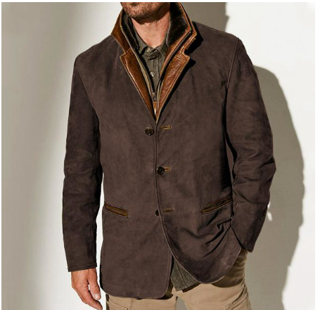 Męska kurtka vintage z guzikami i kieszeniami, w ciepłych odcieniach kawy, khaki, brązu, niebieskiego i czerni, w eleganckim stylu retro.