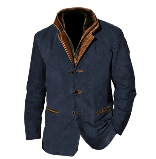 Męska kurtka vintage z guzikami i kieszeniami, w ciepłych odcieniach kawy, khaki, brązu, niebieskiego i czerni, w eleganckim stylu retro.