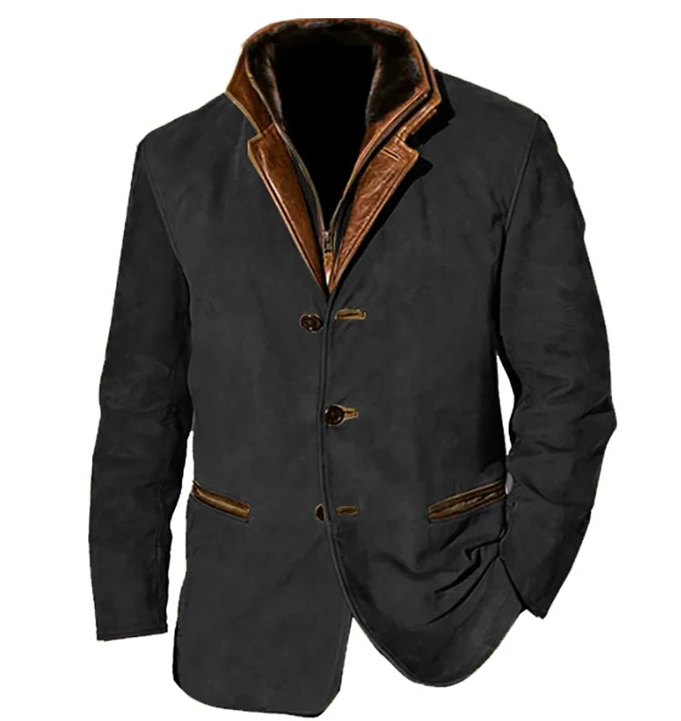 Męska kurtka vintage z guzikami i kieszeniami, w ciepłych odcieniach kawy, khaki, brązu, niebieskiego i czerni, w eleganckim stylu retro.