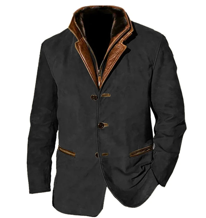 Męska kurtka vintage z guzikami i kieszeniami, w ciepłych odcieniach kawy, khaki, brązu, niebieskiego i czerni, w eleganckim stylu retro.