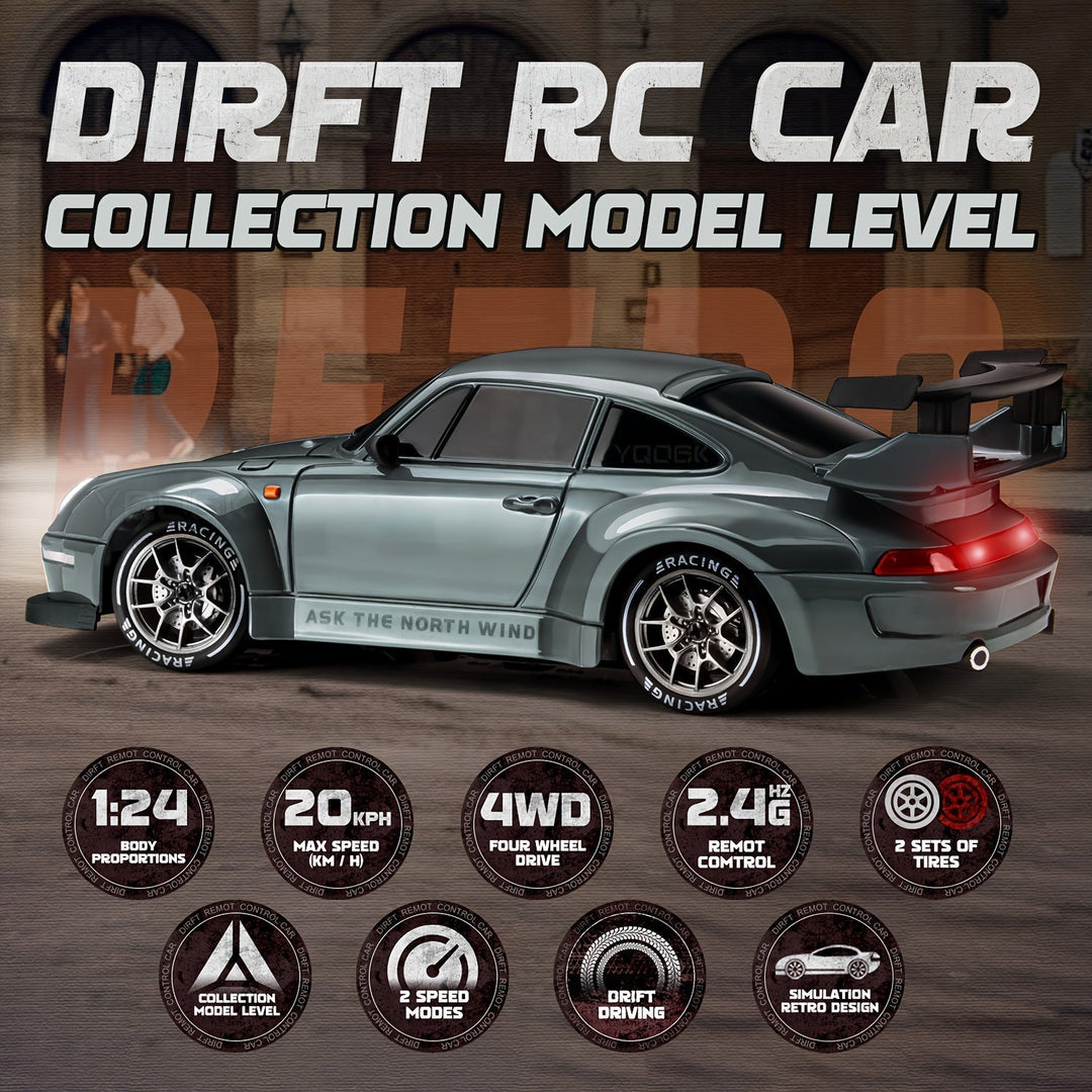 Samochód RC Drift 4WD w akcji z jasnymi diodami LED i akumulatorem, idealny do spektakularnych driftów.