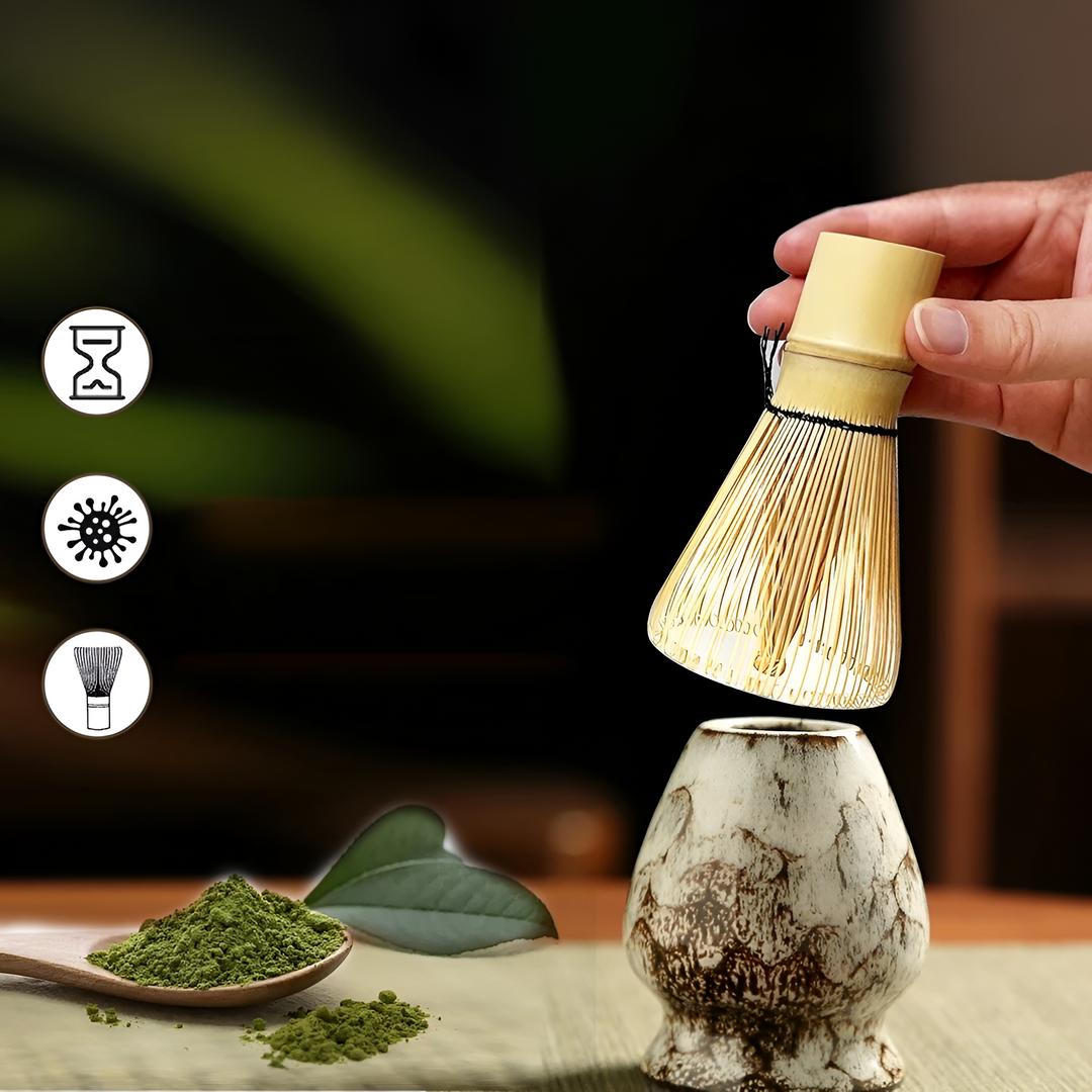 Akcesoria do japońskiej herbaty Matcha. Zestaw 6 el. z bambusowymi narzędziami i szklaną czarką. Idealny prezent.